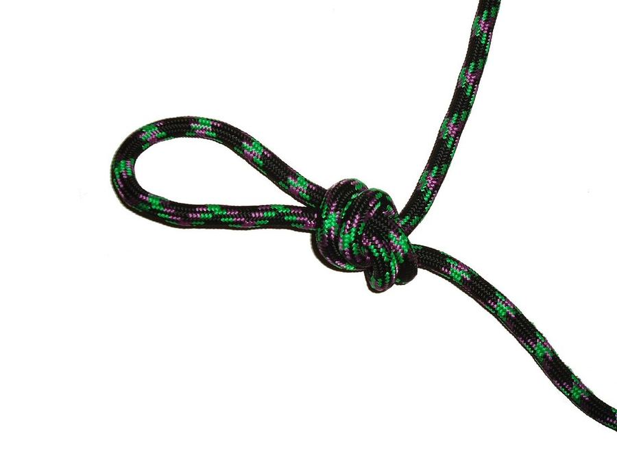 Nœud simple fait sur une corde en double : une boucle à gauche, le nœud au centre, les deux brins partent à droite